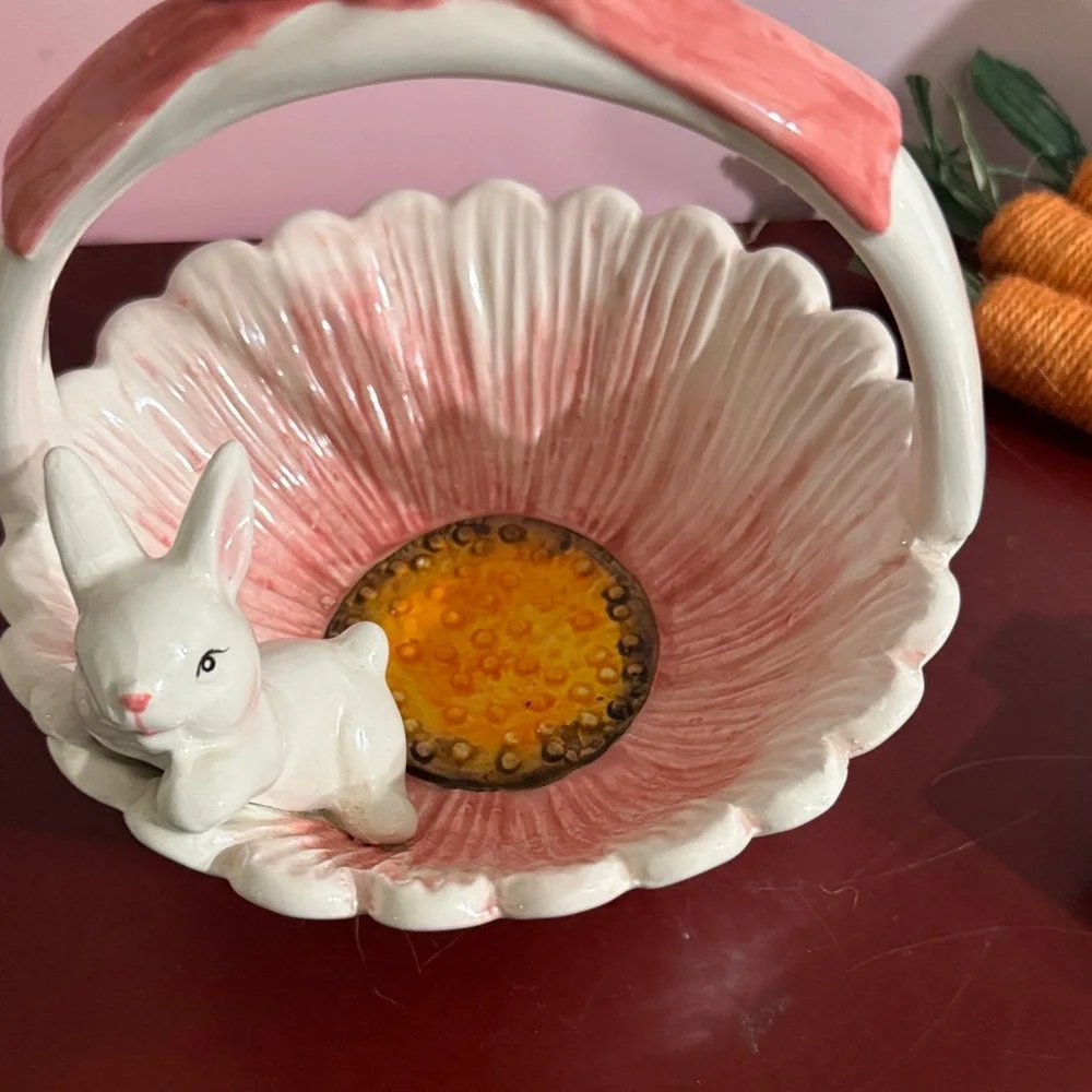 Vintage Ceramic bunny basket with a pink bow and floral motif